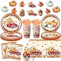 142Pcs Fall Party Plates and Napkins Party Supplies, Autumn Pumpkin Leaves Tableware Set with Cups,Banner,Pumpkin Tablecloth for Fall Harvest Party Thanksgiving Dinner Party Decorations, Serves 20