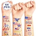 64 PCS 4 Sheets 4th of July Temporary Tattoo Set, Patriotic Party Face Body Decorations, American Flag Independence Long Lasting Tattoo Stickers for 250th Anniversary, Red White and Blue Accessories