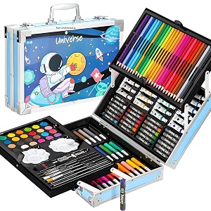 kammateswara 145 pieces art set for kids in drawing and color art kit  space themed drawing amp painting kit  art amp craft drawing set birthday gift toy for boys amp girls with crayons markers watercolors amp more blue space