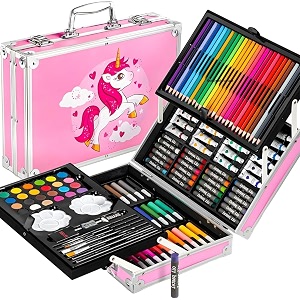 kammateswara 145 piece art amp craft drawing and color kit for kids  non-toxic painting amp coloring kit  art amp craft drawing set with crayons markers watercolors amp more for kids blue unicorn