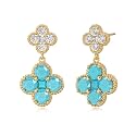 14K Gold Plated Double Plum Blossom Dangle Birthstone Four Leaf Clover Stud Earrings for Women, Hypoallergenic Drop Trendy Dainty Gold Earrings Birthday Gifts
