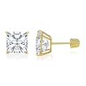 IOKA 14K Solid Gold Princess Cut Cubic Zirconia Stud Earrings with Secure Screw Backs | AAA CZ Square Solitaire Sparkle for Men &amp; Women | Yellow or White Gold (2mm-7mm, 0.1-1.75ct)