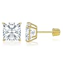 IOKA 14K Solid Gold Princess Cut Cubic Zirconia Stud Earrings with Secure Screw Backs | AAA CZ Square Solitaire Sparkle for Men &amp; Women | Yellow or White Gold (2mm-7mm, 0.1-1.75ct)