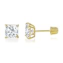 14K Solid Gold Princess Cut Cubic Zirconia Stud Earrings with Secure Screw Backs | AAA CZ Square Solitaire Sparkle for Men & Women | Yellow or White Gold (2mm-7mm, 0.1-1.75ct)