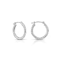 14k White Gold Hand Engraved Full Diamond-cut Round Hoop Earrings