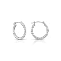 14k White Gold Hand Engraved Full Diamond-cut Round Hoop Earrings