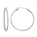 14k White Gold Hand Engraved Full Diamond-cut Round Hoop Earrings