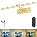 15.35inch Picture Light, Rechargeable Battery Wall Light for Paintings, 3 Colors Paintings Light Dimmable and Timer Metal Art Light for Display, Wall, Artwork, Gallery (Gold)