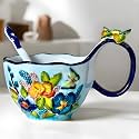 15.87 Oz Microwavable Soup Bowl with Handle, Handmade Relief Butterfly Flowers Decorative Soup Bowls with Handles, Ceramic Soup Bowl with Spoon for Holding Fruits Cereal Snack, Chili, Ice Cream, Stew