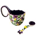 15.87 Oz Microwavable Soup Bowl with Handle, Handmade Iris Flower Relief Decorative Soup Bowls with Handles, Ceramic Soup Bowl with Spoon for Holding Fruits Cereal Snack, Chili, Ice Cream, Stew, Salsa