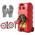 15 Gallon Fuel Caddy with Hand Siphon Pump & Work Gloves, Wheeled Portable Gas Can, Fuel Transfer Tank with 10FT Hose for Gasoline Diesel Storage, Car, Truck, ATV, Boat, Lawn Mower, Generator, Red