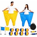 15 PCS Granny Pants Yard Game Set, Fill Your Pants Outdoor Game, Giant Pants, Field Day Games for Kids & Adults, Birthday Parties & Backyard Fun, Blue & Yellow, Includes Bouncy Balls, Air Pump & Flags