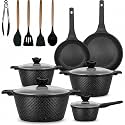 16Pcs Pots and Pans Set Non Stick Stay Cool Handles Dishwasher Safe,Aluminum Cookware Set PTFE/PFOA Free,Induction Cooking Set Fry Pans,Saute Pan,Saucepan with Lid,Utensils,Black-Fish Scale Shaped