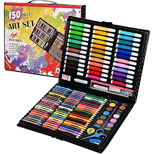 parssufy 150 pieces art set for kids with case art and craft supplies kit for drawing and painting color set with markers water colors brush color pencils crayons 150 pcs black