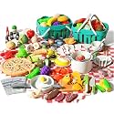 150Pcs Kitchen Playset, Toddlers Pretend Cooking Cookware Accessories, Food, Picnic Blanket, Fruits, Veges, 2Pack Shopping Storage Basket, Dessert and Prop Money, Gift for Kids (White)