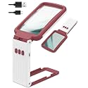 15X Magnifying Glass with Light and Stand, Rechargeable Folding Handheld Real Glass Magnifier, 3 Color Modes Dimmable Lighted Page Magnifying Sheet for Seniors Low Vision Small Prints - Red White