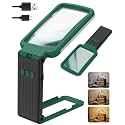 15X Magnifying Glass with Light and Stand, Rechargeable Folding Handheld Real Glass Magnifier, 3 Color Modes Dimmable Lighted Page Magnifying Sheet for Seniors Low Vision Small Prints - Green Black