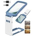 15X Magnifying Glass with Light and Stand, Rechargeable Folding Handheld Real Glass Magnifier, 3 Color Modes Dimmable Lighted Page Magnifying Sheet for Seniors Low Vision Small Prints - Blue White