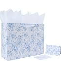 16.5" Extra Large Blue Floral Gift Bag Set with Handles, Greeting Card, White Tissue Papers and Stickers for Women Girls for Birthdays, Valentine's Day, Weddings, Anniversaries, Mother's Day, Flowers Design, 1 Pcs