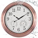 16 Inch Outdoor Clock Thermometer Combo, Red Bronze Metal-Frame Waterproof Wall Clock