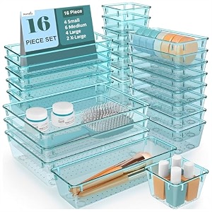 homifly 16 pieces unbreakable drawers organisersmultipurpose drawer organizer traystorage box for dressing tablemakeup organiser traystorage bins for bathroomkitchen - seablue