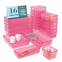 HOMIFLY 16 Pieces Unbreakable Drawers Organisers/Multipurpose Drawer Organizer Tray/Storage Box for Dressing Table/Makeup Organiser Tray/Storage Bins For Bathroom/Kitchen - (Pink)