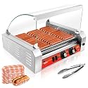 1670W Commercial Hot Dog Rollers,11 Rollers 30 Hotdog Roller Grill,Stainless Steel Hot Dog Machine with Dust Cover,Hot Dog Roller Machine with Dual Temp Control and Led Light/Detachable Drip Tray