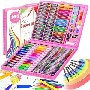 parssufy 168 pieces art set for kids with case art and craft supplies kit for drawing and painting color set with markers water colors brush color pencils crayons 168 pcs pink