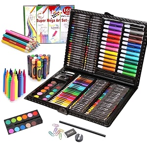 parssufy 168 pieces art set for kids with case art and craft supplies kit for drawing and painting color set with markers water colors brush color pencils crayons 168 pcs black