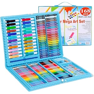 parssufy 168 pieces art set for kids with case art and craft supplies kit for drawing and painting color set with markers water colors brush color pencils crayons 168 pcs blue
