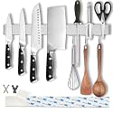 17.5" Magnetic Knife Holder for Wall with Hooks - No Drill Adhesive Mount - 304 Stainless Steel Knife Magnetic Strip