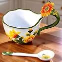 17.64 Oz Microwavable Soup Bowl with Handle, Hand Painted Relief Sunflower Decorative Soup Bowls with Handles, Ceramic Soup Bowl with Spoon for Holding Fruits Cereal Snack, Chili, Ice Cream, Stew