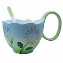 17.64 Oz Microwavable Soup Bowl with Handle, Handmade Chrysanthemums Relief Decorative Soup Bowls with Handles, Ceramic Soup Bowl with Spoon for Holding Fruits Cereal Snack, Chili, Ice Cream, Stew