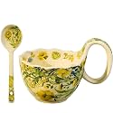 17.64 Oz Microwavable Soup Bowl with Handle, Hand Painted Winter Jasmine Decorative Soup Bowls with Handles, Ceramic Soup Bowl with Spoon for Holding Fruits Cereal Snack, Chili, Ice Cream, Stew, Salsa