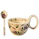 17.64 Oz Microwavable Soup Bowl with Handle, Hand Painted Gesang Flower Butterfly Decorative Soup Bowls with Handles, Ceramic Soup Bowl with Spoon for Holding Fruits Cereal, Chili, Ice Cream, Stew