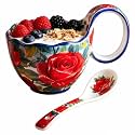 17.64 Oz Microwavable Soup Bowl with Loop Handle, Handpainted Rose Decorative Mug Big Handle, Ceramic Soup Bowl with Handle and Spoon for Holding Fruits Cereal Snack, Chili, Ice Cream, Stew and Salsa