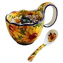 17.64 Oz Microwavable Soup Bowl with Handle, Hand Painted Sunflower Decorative Soup Bowls with Handles, Ceramic Soup Bowl with Spoon for Holding Fruits Cereal Snack, Chili, Ice Cream, Stew and Salsa