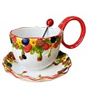 17.64Oz Microwavable Soup Bowl with Handle, Handmade Relief Raspberry Decorative Soup Bowls with Handles, Ceramic Soup Bowl with Spoon and Plate for Holding Fruits Cereal Snack, Chili, Ice Cream, Stew