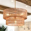 17.72" Boho Chandelier Light Fixture, 4 Light Rattan Light Fixture Hand Woven Rattan Pendant Light Modern Farmhouse Chandelier for Dining Room Ceiling Hanging Kitchen Island Lighting