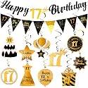 17th Birthday Decorations Set - Happy 17 Birthday Banner Triangle Flag Hanging Swirls Streamers for Women Men Party Decorations Supplies, Black and Gold