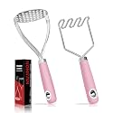 18/0 Stainless Steel Pink Potato Mashers, 10.7-in Kitchen Masher Tool for Avocado Vegetable Sauce Butter, Heavy Duty, Dishwasher Safe, Pack of 2