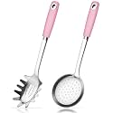 18/0 Stainless Steel Spaghetti Spoon &amp; Slotted Spoon for Cooking, Heavy Duty Frying Pink Spoon Pasta Strainer Skimmer, Cooking Utensils Commercial and Residential Use, Pack of 2