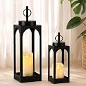 18" 13" Decorative Lanterns Set of 2, Black Outdoor Lanterns with Candles