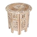 18" Carved Round End Table, Whitewash Solid Wood Side Stand