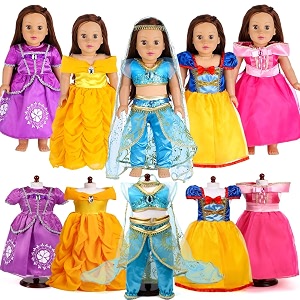 18-inch girl doll clothes princess dress - 5 pc different princess dress set includes jasmine snow white belle rapunzel and aurora fits 18 dolls set5-01