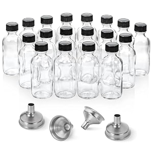 18 pack 2 oz small clear glass bottles w lid amp 4 stainless steel funnels - 60ml boston sample bottles - mini travel essential or decorative bottles for potion juice wellness ginger shots whiskey