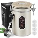 1800ML Airtight Coffee Canister with Date Tracker&amp;Transparent Window, 22.8OZ Coffe Beans Storage with 30ML Measure Spoon&amp;4 co2 Valve, Coffee Container for Grounds Coffee, Beans, Tea, Sugar(Beige)