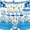 182 Pcs Shark Birthday Party Decorations (Serves 24), Shark Party Decorations Include Banner Hanging Plates Napkins Cups Forks Tablecloth Topper Balloons for Party