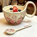 18Oz Microwavable Soup Bowl with Loop Handle, Handpainted Hydrangea Decorative Mug Big Handle, Ceramic Soup Bowl with Handle and Spoon for Holding Fruits Cereal Snack, Chili, Ice Cream, Stew and Salsa