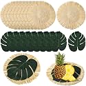 18pcs Luau Placemats and Palm Placemat, Round Luau Fringe Place Mats Tropical Palm Leaf Place Mats Bulk Summer Hawaiian Plate Chargers Table Placemats Tropical Party Supplies